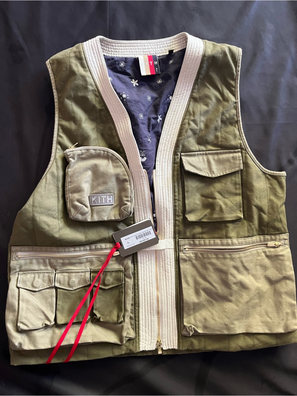 Kith Olive Utility Vest with Cream Details and Red Tag